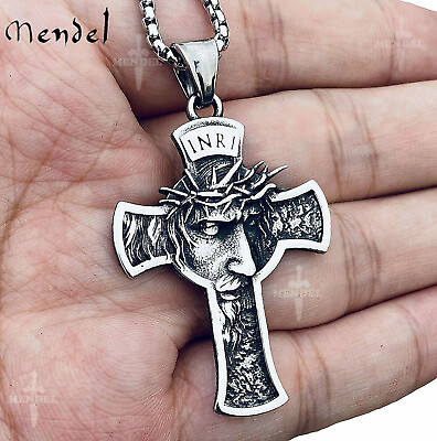 MENDEL Mens Stainless Steel Jesus Christ Face Crucifix Cross Pendant Necklace $11.79