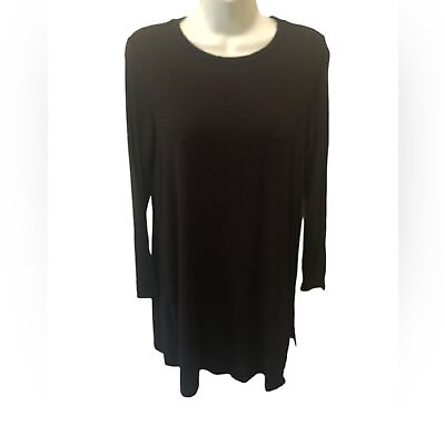 #ad Eileen Fisher Side Slit Tunic Top Sz PM Black Viscose Crew Neck Long Sleeve $68.25