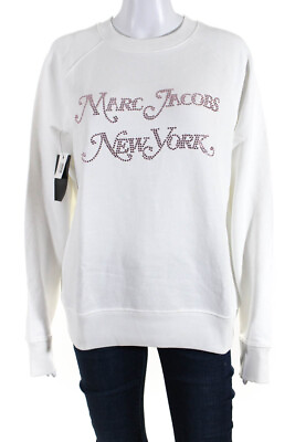 Marc Jacobs Womens Crew Neck Crystal Logo Sweatshirt White Cotton Size XS $59.99