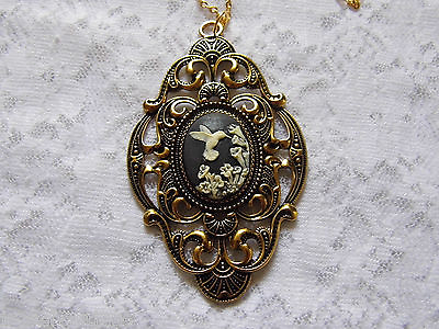 BLACK ANTIQUE WTE Hummingbird Necklace Pendant Victorian Cameo Keepsake Mourning $14.99