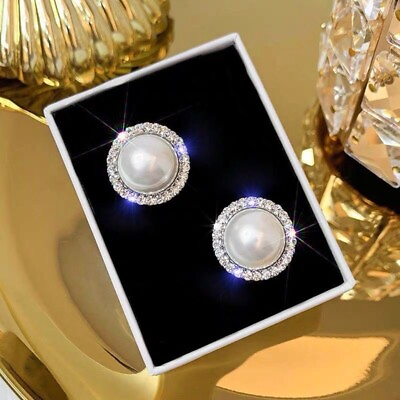 #ad White Pearl Stud Earrings for WomenElegant Pearl EarringsSilver Stud Earrings $11.99