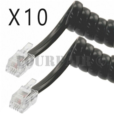 #ad 10 Pack Lot 7ft Telephone Handset Receiver Cord Phone Coil Cable 4P4C Black $13.49