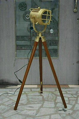 Nautical Finish Brass amp; Brown Tripod Wood Stand Floor Lamp Home Living Room $99.90