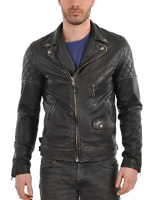 #ad New Leather Jacket Mens Biker Motorcycle Real Leather Coat Slim Fit Black #1103 $118.00