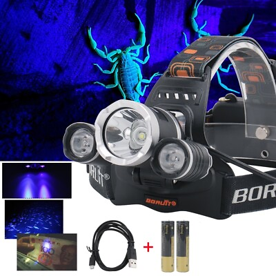 #ad BORUiT RJ 3000 LED Headlamp UV Light Headlight Head Torch Hunting Camping Lamp $32.29