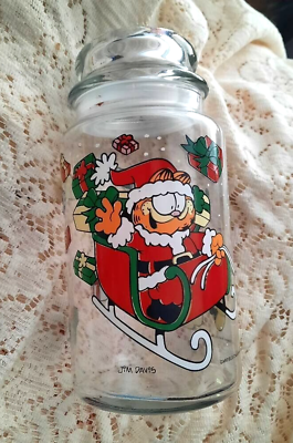 #ad Vintage Garfield amp; Odie Christmas 1978 glass jar w lid $19.99