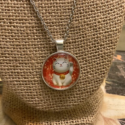 #ad Lucky Cat Necklace Round Cabochon Silvertone White Cat Waving Chinese Good Luck $13.99