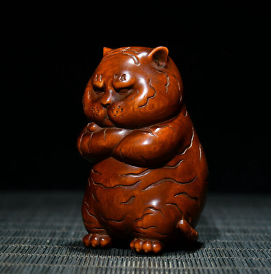 #ad Chinese Wooden Tiger Statue Carved Wood Carving Boxwood Sculpture Art Gift $21.00