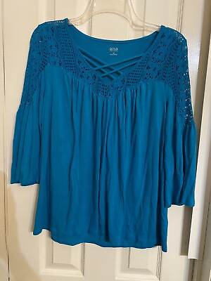 #ad Ana Teal Blue Blouse Top Crisscross Neck 3 4 Bell Sleeves Size M $11.99