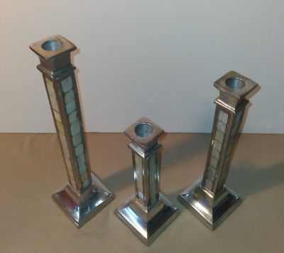 #ad Set of 3 Towle Aluminum and Mother of Pearl Candlesticks w candles $29.00