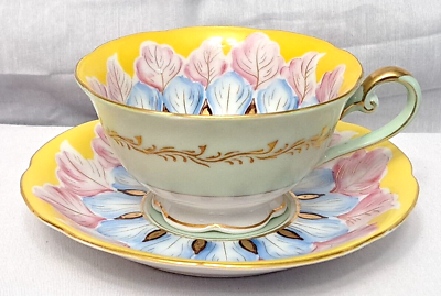 Vintage Royal Sealy Teacup amp; Saucer Set Silver Yellow Floral Pink Blue Made OJ $25.00