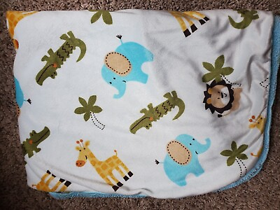 #ad Snugly Baby Plush Jungle Safari Blue Blanket Sherpa Giraffe Monkey Elephant $22.00