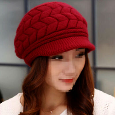 #ad US Womens Winter Beanie Hat Warm Knitted Slouchy Fleece Beret Cap with Visor New $12.32