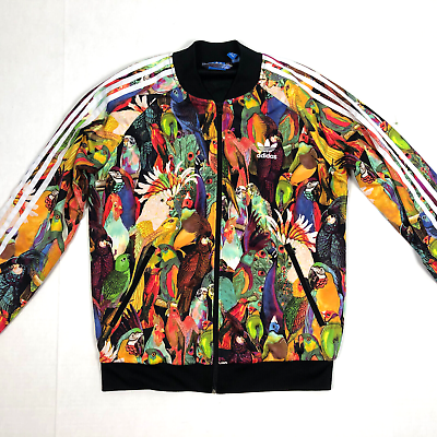 Adidas Athletic Jacket Womens Medium Tropical Parrot Full Zip Trefoil Black #ad $71.09