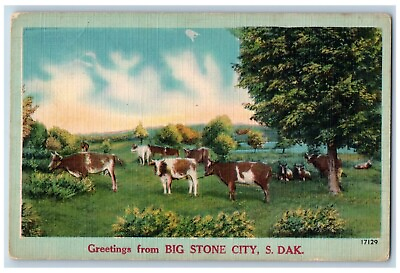 Big Stone City South Dakota SD Postcard Greetings Cow Field Exterior View c1940 $19.47