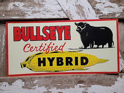 #ad VINTAGE BULLSEYE HYBRID CORN SIGN OLD FARM FEED METAL TIN TACKER ADVERTISING $292.95
