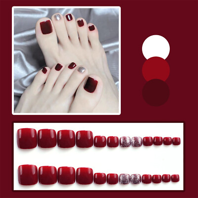 #ad Wine Red Silver False Nail Toe Press on Nails for Women Nail Art Salon 24pcs $4.99