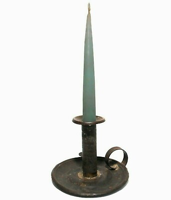 #ad EARLY MID 19TH C AMERICAN ANTIQUE TIN PUSH UP CANDLESTICK W HANDLE WAX RESERVOIR $167.50