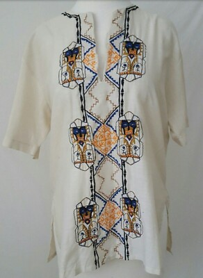 #ad Hippie Top 1970s Embroidered Boho Tribal Blouse Poly Cotton Medium $29.95