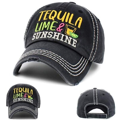 #ad Tequila Lime amp; Sunshine Embroidered Factory Distressed Baseball Cap Black Hat $16.95