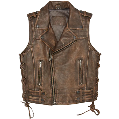 #ad Men Vintage Motorcycle Leather Waistcoat Distressed Brown Biker Leather Vest $23.32