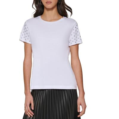 #ad DKNY Womens White Studded Crewneck Tee Pullover Top Shirt M BHFO 5606 $31.60