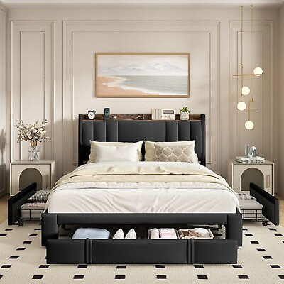 #ad Black PU Full Size Bed with 3 Storage Drawers and Charging StationUpholstered $199.98