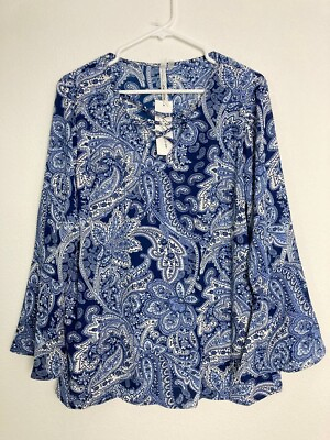 #ad NY Collection Top Womens Large Paisley Shirt Bell Sleeves Crisscross Neck Laceup $26.87