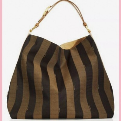 #ad Fendi Pequin Striped Canvas Large Hobo Handbag Yellow Leather Strap Bag Rare $1185.00