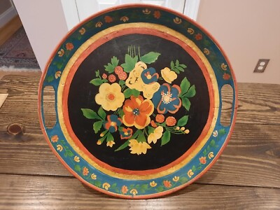 Antique Hand Painted Metal Toleware Tray Orange Green Round Circular Floral $279.00