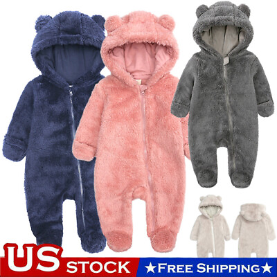 #ad Newborn Baby Romper Jumpsuit Boy Girl Kids Bear Hooded Zip Bodysuit Clothes Set $16.19