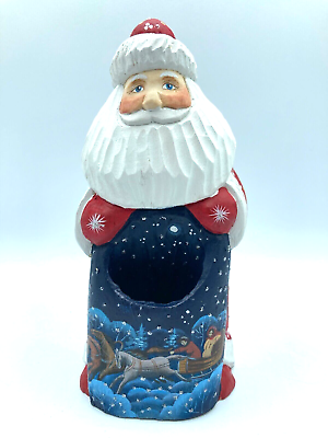 #ad Russian Folk Art Hand Carved Painted Wood Figurine Father Frost Santa with Sack $55.00