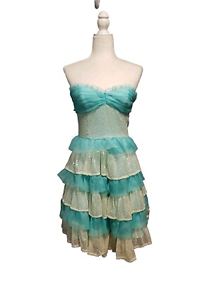 Betsey Johnson Dress Sz 8 Teal and Cream Fit amp; Flare Strapless Ruffle Prom Dress $67.00