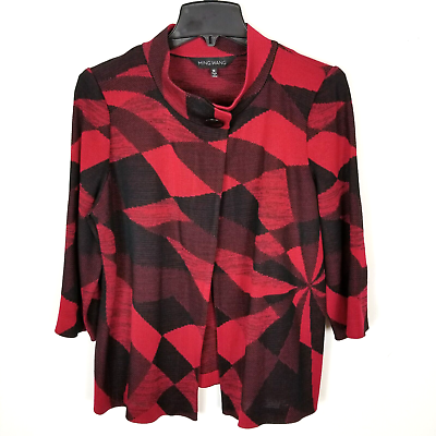 #ad Ming Wang Women Geometric Print Cardigan Sweater Size M Red Black 3 4 Sleeve $46.74