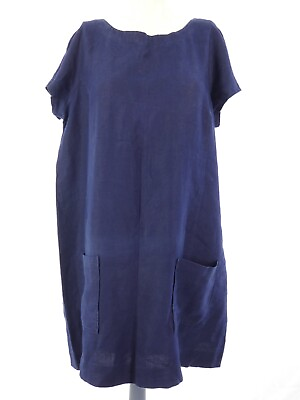 #ad Eileen Fisher Dress Linen Shift Navy Blue Short Sleeve Patch Pockets Relaxed L GBP 54.99