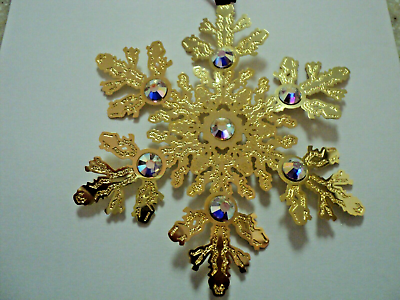 #ad 24K Plate Brass Snowflake W Crystals Christmas Ornament $27.18