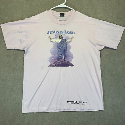 Jesus is Lord Vintage Screen Stars Shirt Size L XL Pink Myrtle Beach Made USA $35.99
