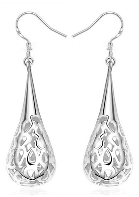 New 925 Silver Simple Hollow Water Drop Shape Girl Earrings Jewelry Gift $4.98