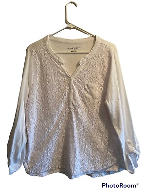 #ad Nine West Jeans Blouse Womens Missy XXL White With White Lace Roll Tab Sleeves $17.10