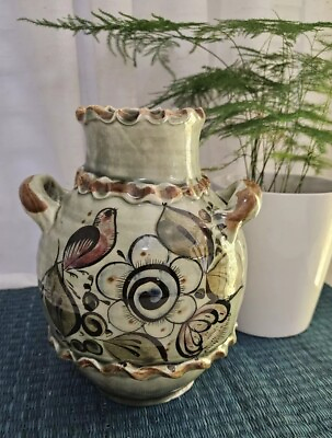 #ad #ad Green Tonala Mexican Art Pottery Hand Painted Bird Flower Double Handled Vase $25.00