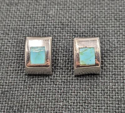 #ad Vintage Sterling Silver Mexico Turquoise Rectangle Curved 925 Post Earrings 11g $33.29