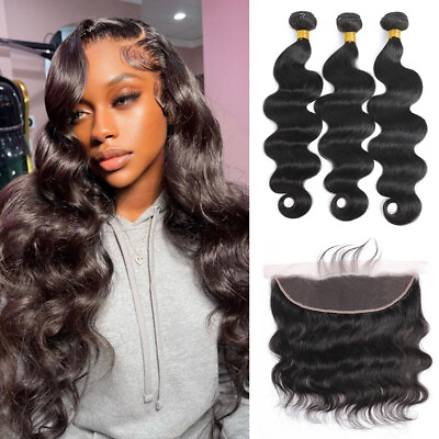 #ad Body Wave Human Hair Bundles with Closure 4*4 Lace Closure and 13*4 Lace Frontal $114.07