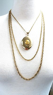 #ad Locket with Triple Gold Tone Chain Necklace Beautiful $36.05