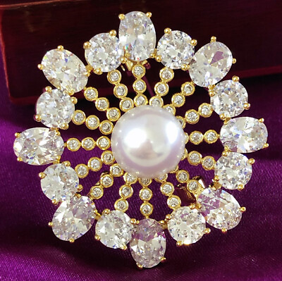 #ad Natural 10 11mm White Pearl Crystal Flower Brooches 18KGP For Women $31.99