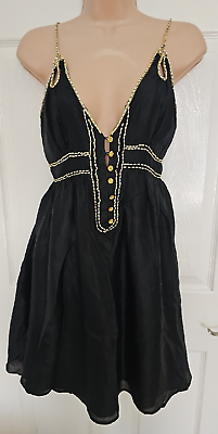 #ad Poste Mistress Black Lined Gold Button Beaded Strappy Tie Back Silk Dress 10 GBP 22.00