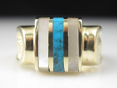 #ad Turquoise Ring Inlay Mother of Pearl 14K Yellow Gold Estate Size 6.5 MOP Jewelry $495.00