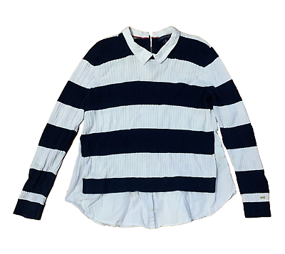 Vintage Tommy Blue White Striped Sweater Attached Collar Blouse Shirt Tail XL $48.00