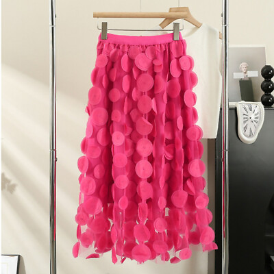 Women Mesh Polka Dot Skirt Lace A line 3D Casual High Elastic Waist casual Retro $23.23
