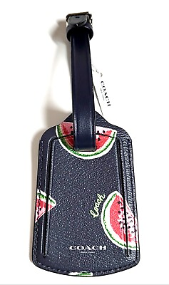 Coach Luggage Tag in Watermelon Print Silver Navy Red Multi Smooth Leather NWT $61.74