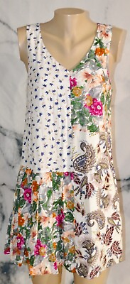 #ad ENTRO White Multicolor Mixed Print Sleeveless Dress Medium Pleated Accent Lined $19.99